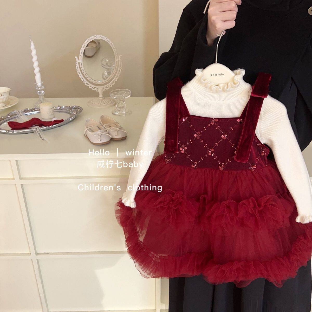 蓬蓬冬款裙加绒公主网纱红色连衣裙吊带裙周岁可爱女童礼服同款2