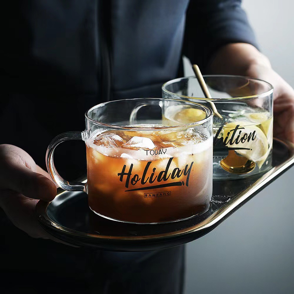 创意字母玻璃杯子大号带把马克杯办公室茶杯甜品杯燕麦早餐杯