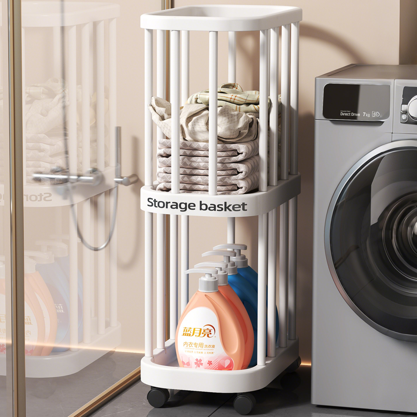 瑜伽垫收纳筐运动工具整理置物架家用塑料包包带轮子可移动脏衣篓