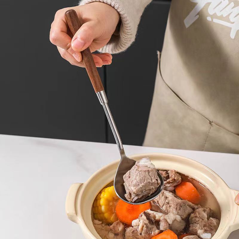 304不锈钢胡桃木柄汤勺饭铲长柄火锅勺舀汤盛粥勺子厨房烹饪汤勺