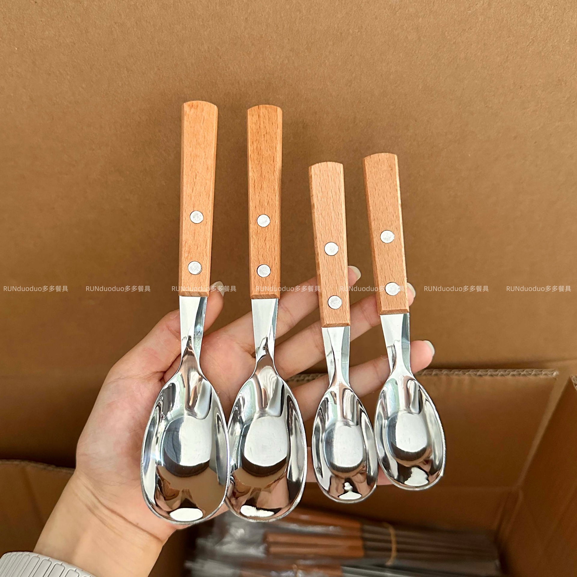 日式304不锈钢实木柄元宝勺大号吃饭勺餐具勺子喝汤喝粥加厚餐勺