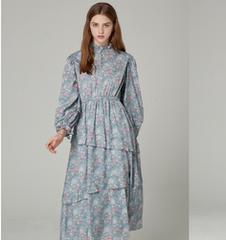 韩国代购直邮RENEEVON三折清仓春秋荷叶领拼接碎花泡泡袖连衣裙