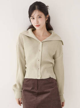 韩国代购直邮罗燕ROEM正品折扣清仓大翻领螺纹针织休闲毛衣外套