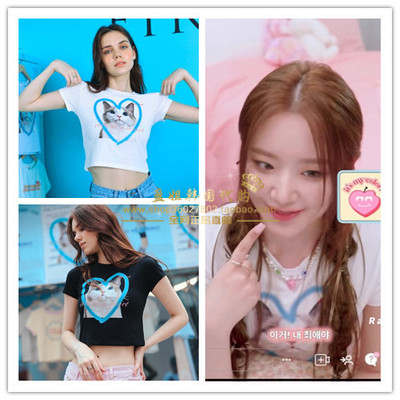 韩国印花短款猫咪爱心