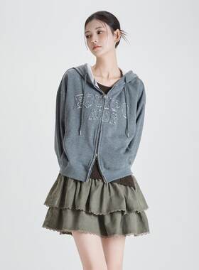 韩国代购直邮mixxo正品25折扣清仓毛边贴布字母休闲开衫卫衣外套