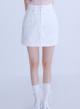 韩国代购直邮ROEM五折清仓春夏青春百搭刺绣小花朵牛仔短款半身裙