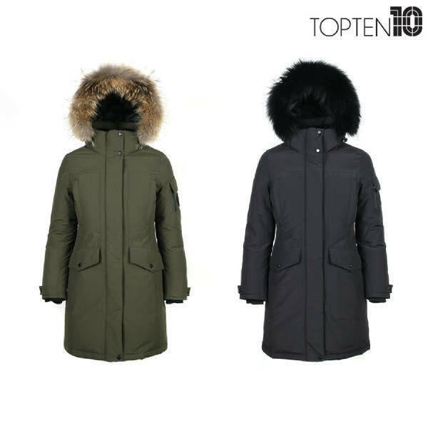 现货韩国TOPTEN10清仓折扣款冬季百搭真毛连帽工装中长羽绒服