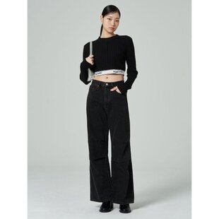 韩国代购直邮直邮8秒8seconds正品折扣清仓休闲拼接膝阔腿牛仔裤