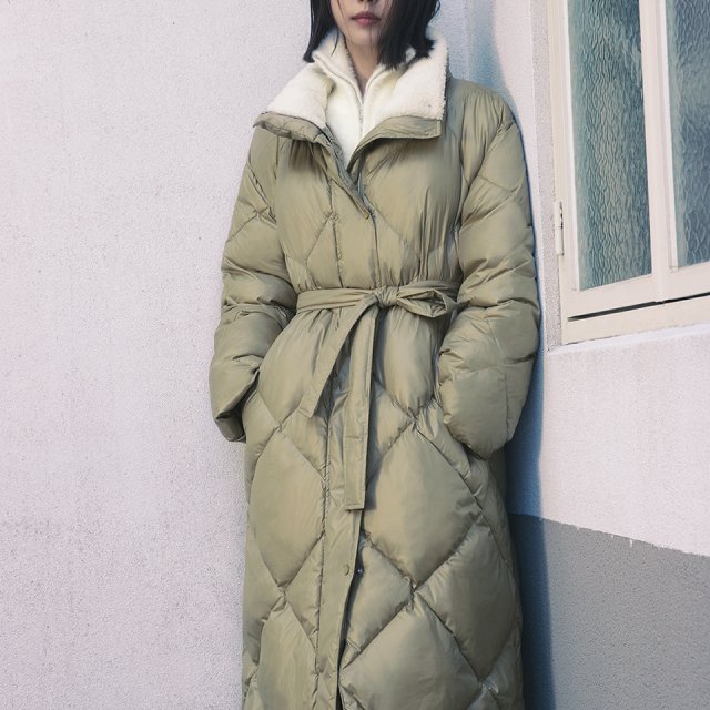 韩国代购直邮ATELIER NAIN正品折扣中长款保暖冬缝线羊毛翻领棉服