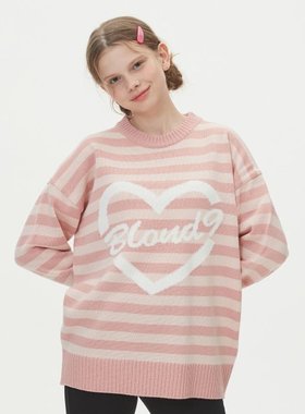 韩国代购BLOND9秋冬百搭折扣清仓爱心条纹男女套头圆领休闲针织衫