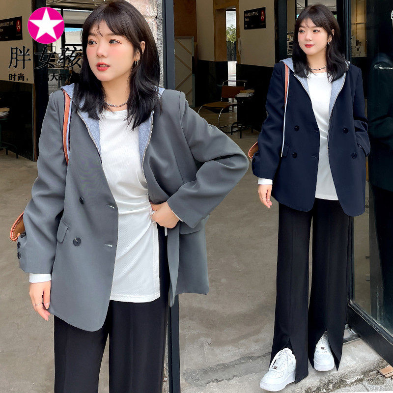 胖女孩微胖特大码韩版英伦风拼接连帽西服秋新款加肥休闲西服外套