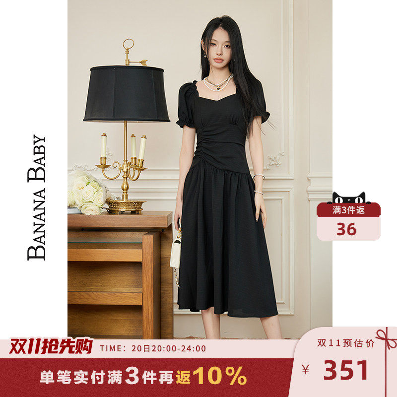 BANANA BABY2026年夏季新款复古赫本风连衣裙女泡泡袖黑色中长裙