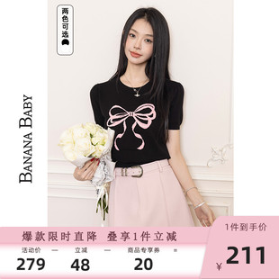 BABY2025年夏季 短袖 BANANA 新款 上衣 针织衫 女圆领甜美蝴蝶结薄款