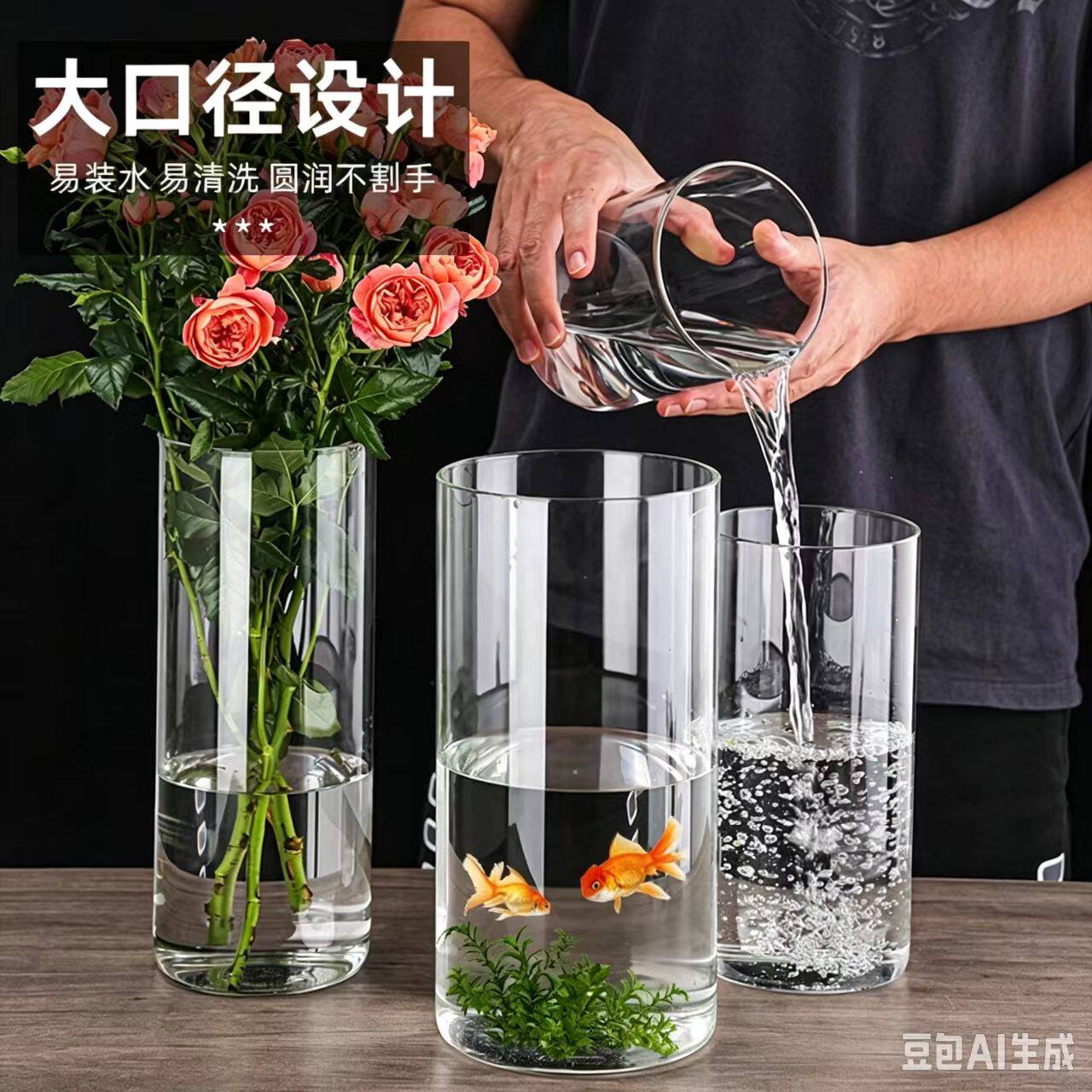 圆柱形水族箱水培生态瓶创意花瓶鱼缸微景缸家居高硼硅玻璃鱼缸