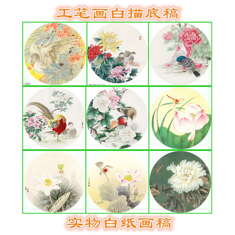 工笔画白描底稿步骤图圆形扇