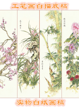 工笔画底稿梅兰竹菊四条屏花鸟
