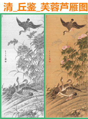 工笔画白描底稿芙蓉芦雁图古画