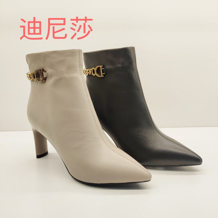 迪尼莎女鞋正品2021秋冬季短靴新款58718粗跟尖头真皮靴子