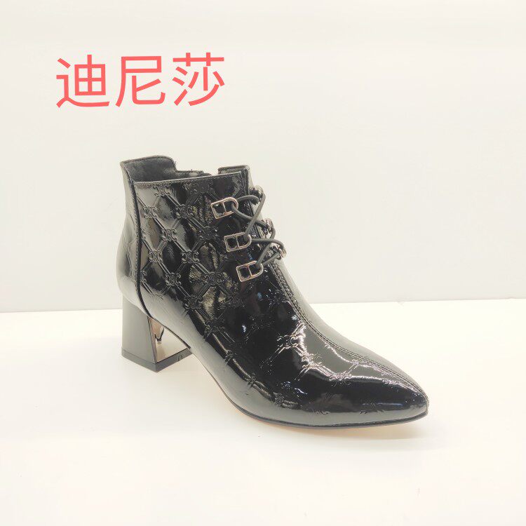 迪尼莎女鞋正品2021秋冬季短靴新款粗跟尖头59118真皮靴子