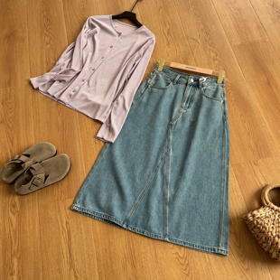 设计感复古蓝莱赛尔汉麻不规则拼接水洗柔软高腰中长款半身牛仔裙