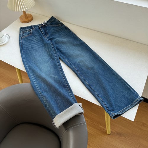 美式复古重工水洗植绒牛仔裤冬