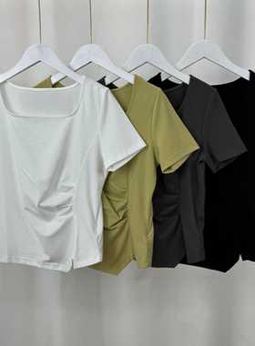 设计感小众不规则褶皱再生纤维法式纯欲短款方领短袖T恤 女上衣夏