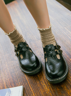 美足动力复古玛丽珍鞋圆头浅口单鞋日系一字双扣白色小皮鞋女潮