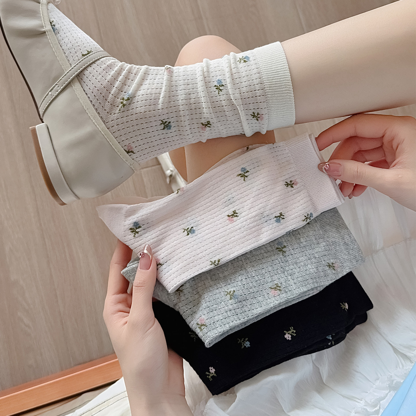 白色卷边袜子女花边芭蕾风