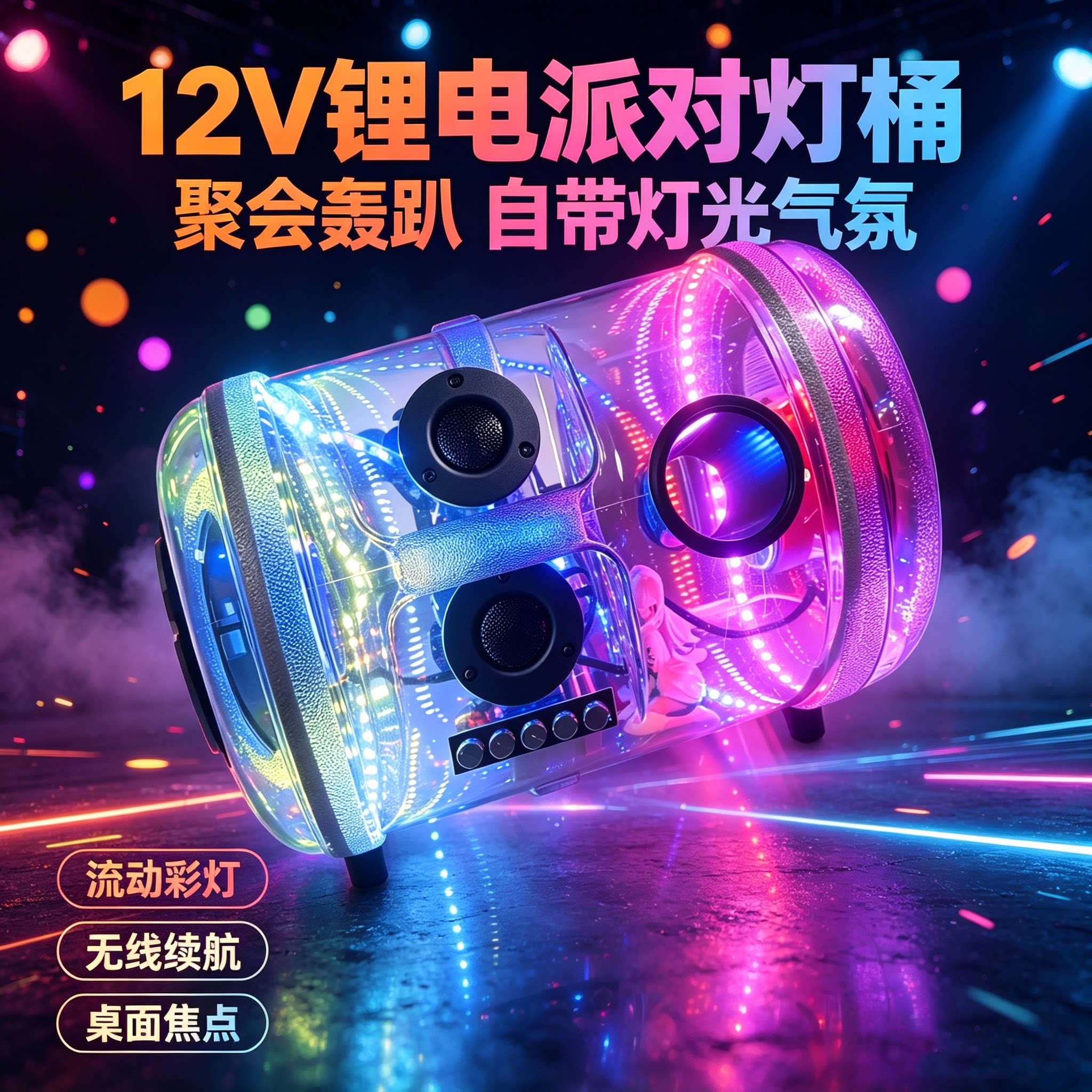 抖音小红书DIY透明水桶音响LED七彩灯桌面摆件定制蓝牙低音炮音箱