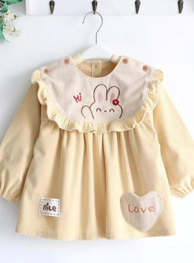 女宝宝罩衣婴儿围兜吃饭防水防脏儿童灯芯绒反穿衣围裙画画衣秋冬