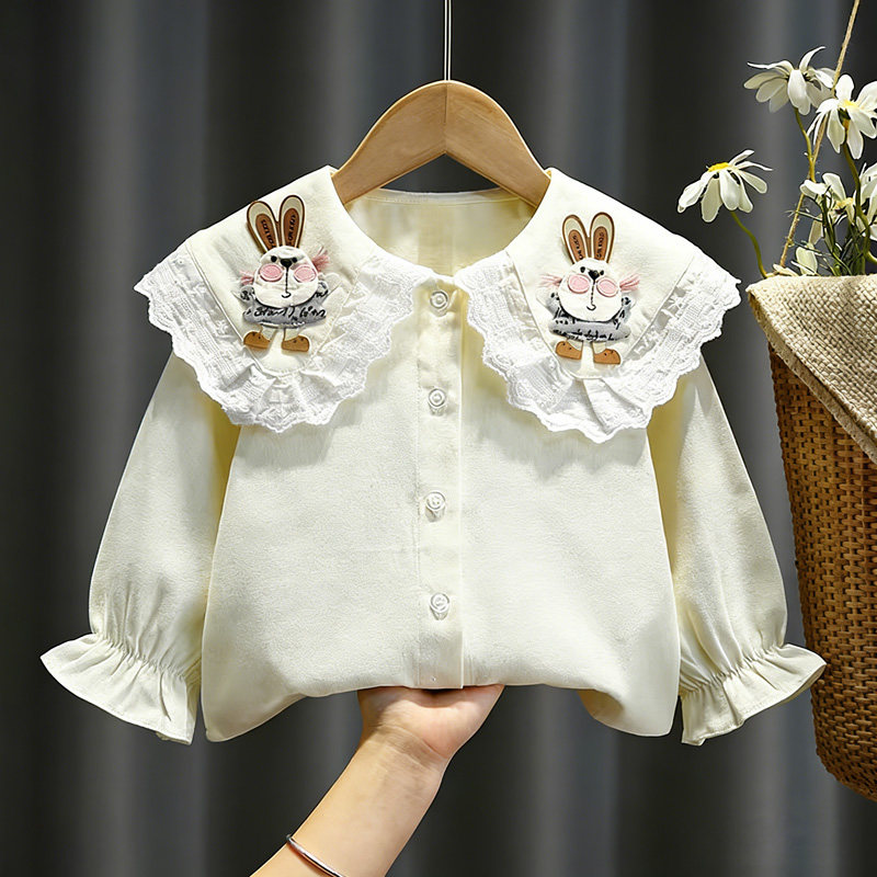 女童春秋上衣婴儿娃娃领打底衫纯棉女童衬衫长袖宝宝白色打底衬衣