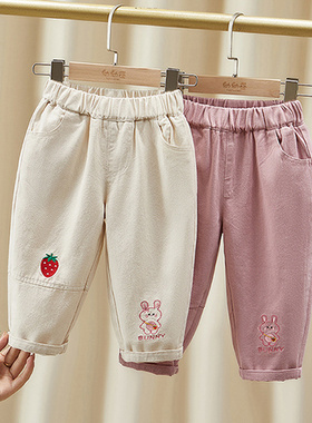 儿童水洗棉休闲裤春装小童全棉裤子卡通外穿女童长裤刺绣宽松秋款