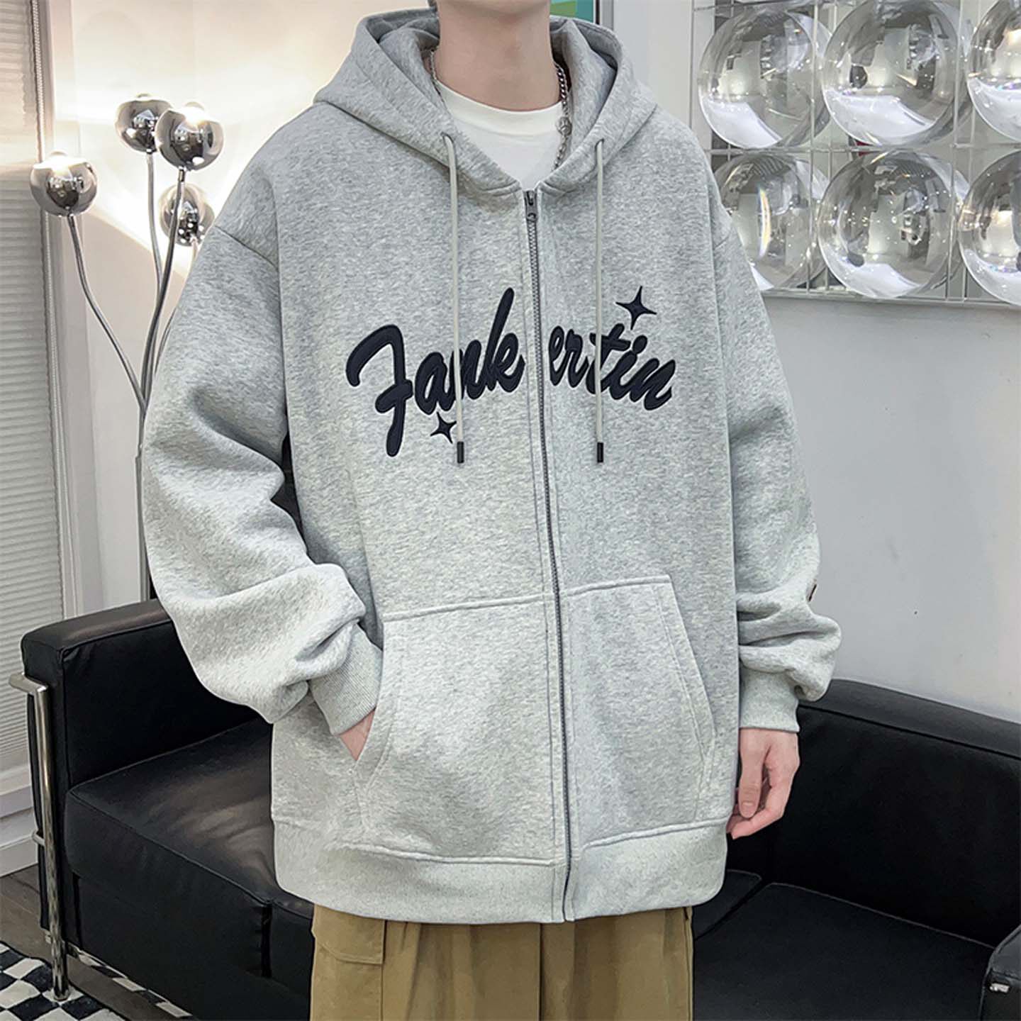 重磅宽松卫衣男秋冬款连帽开衫刺绣男生外套美式休闲学院风上衣潮