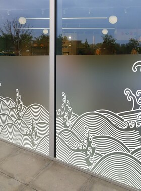 手绘中式海浪水波纹定制落地玻璃贴画磨砂膜海鲜餐厅酒店隔断美化