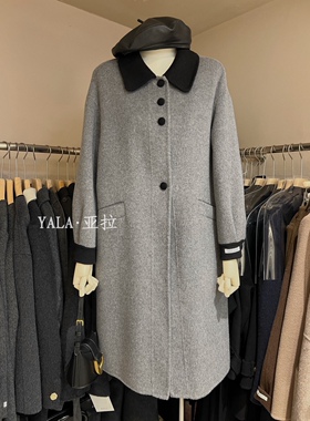 高货颜色正新款双面羊绒大衣撞色韩版中长款泡泡袖拼色羊毛外套