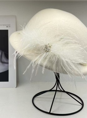 名媛秋冬显脸小羊毛盆帽女复古赫本风洋气礼帽优雅白色毛呢渔夫帽