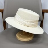 法式 平檐白色羊毛礼帽女秋冬英伦复古毛呢毡帽优雅名媛宽沿平顶帽