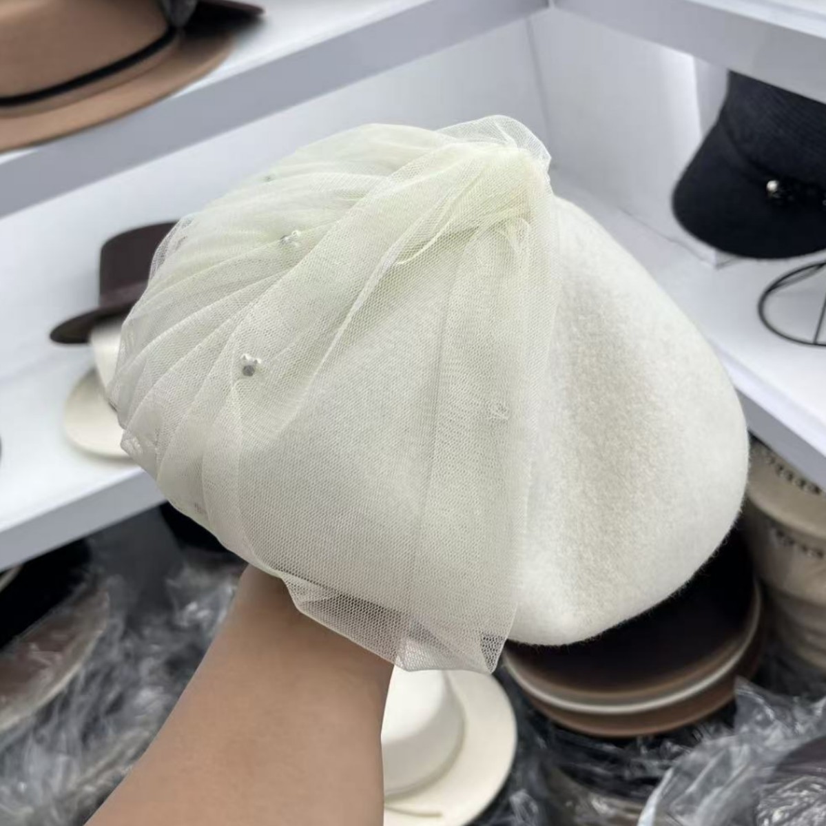 赫本风日本CA4 珍珠纱蝴蝶结贝雷帽子女秋冬澳洲羊毛画家帽保暖帽