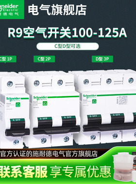 施耐德空气开关家用微型断路器R9系列C型D型2P100A125A家用电闸