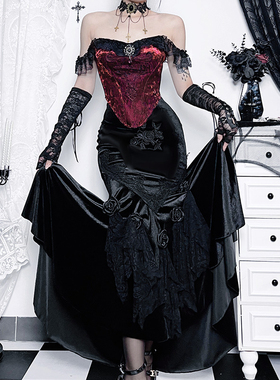Wannathis法式宫廷风鱼骨上衣鱼尾裙套装暗黑束腰胸衣黑色哥特群