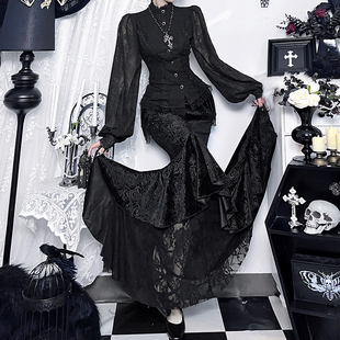 哥特暗黑风辣妹御姐套装黑色蕾丝泡泡袖上衣包臀鱼尾裙贵妇cos服