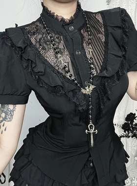 Wannathis哥特黑色蕾丝上衣亚比穿搭亚文化辣妹短袖衬衫蓬蓬短裙