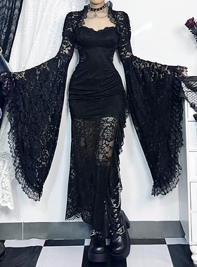 Wannathis万圣节哥特黑色蕾丝连衣裙cosplay女巫披肩罩衫性感裙子