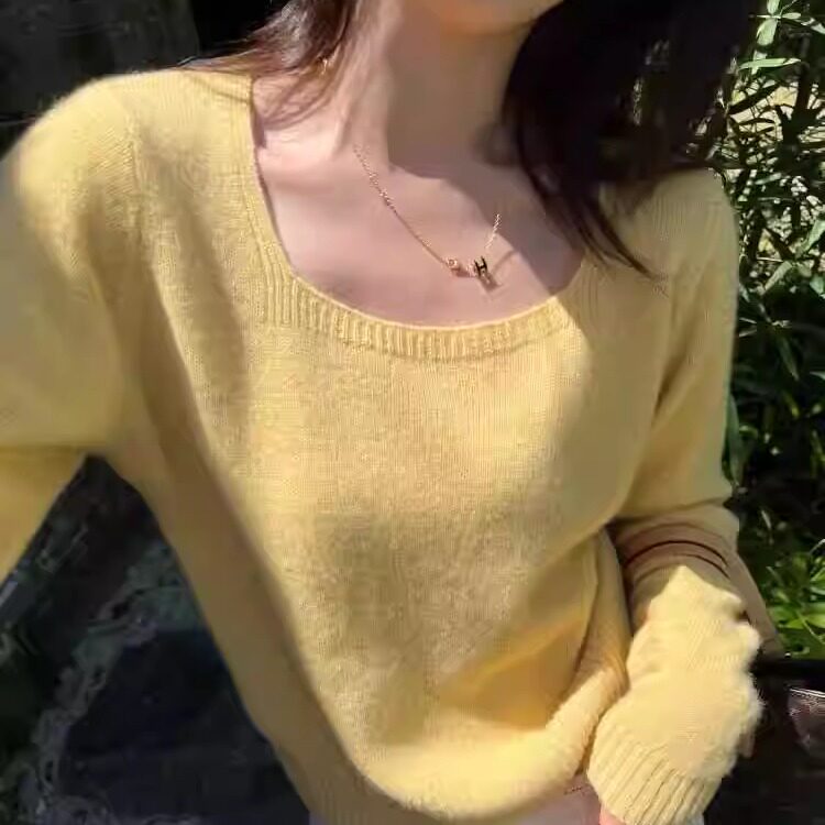 短款方领小高腰羊毛衫女气质显瘦修身毛衣纯色套头长袖针织打底衫