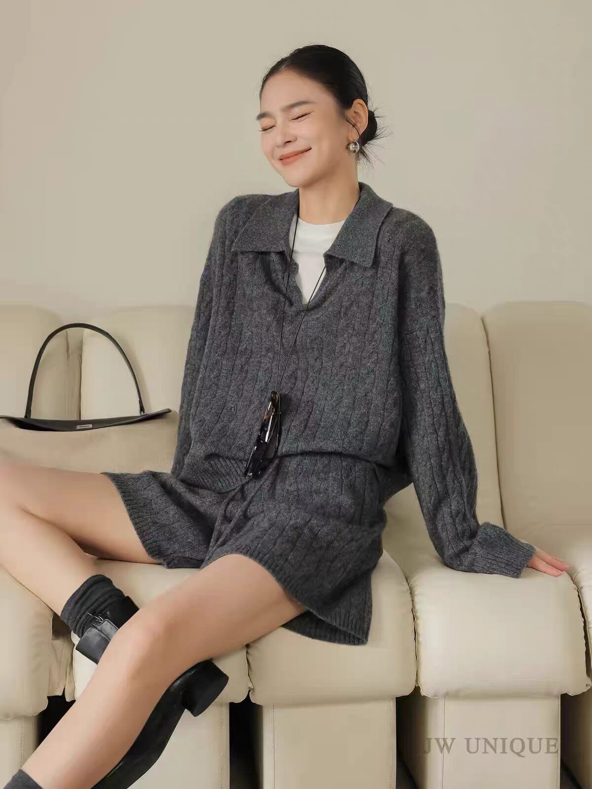 时尚潮流100%羊毛麻花针织衫女翻领宽松慵懒风毛衣冬季保暖两件套