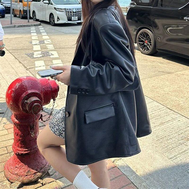 2026春秋新款设计高级感炸街复古黑色皮西装皮衣外套女宽松港风潮