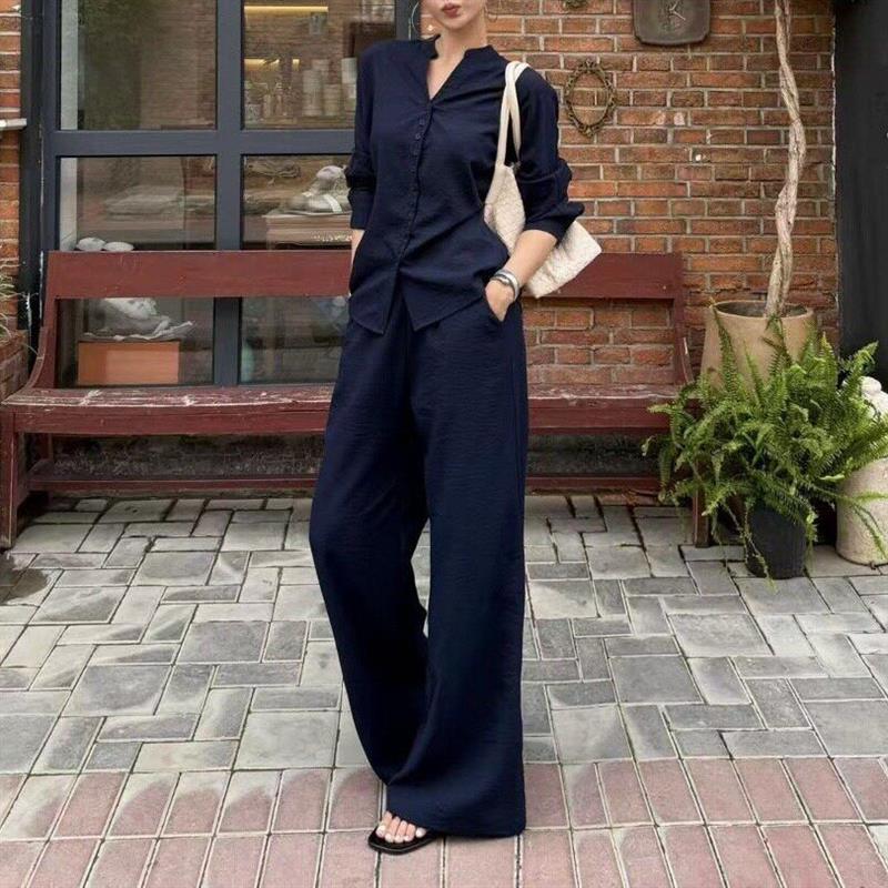 复古老钱风套装女夏季2026新款防晒收腰衬衫高腰拖地裤子两件套潮