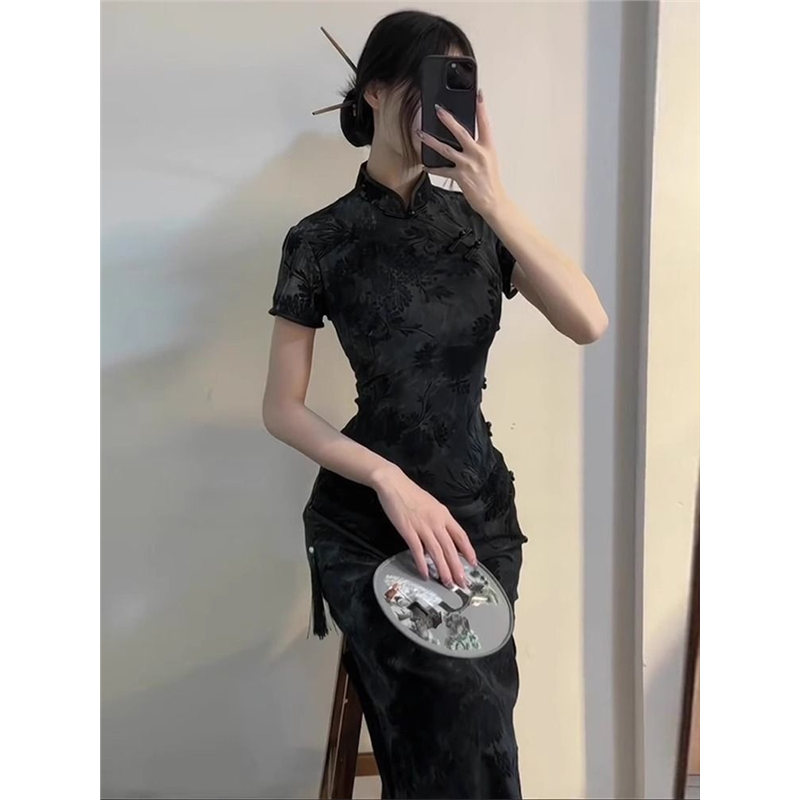 新中式改良旗袍年轻款少年复古民国绝美高冷御姐风黑色连衣裙女夏