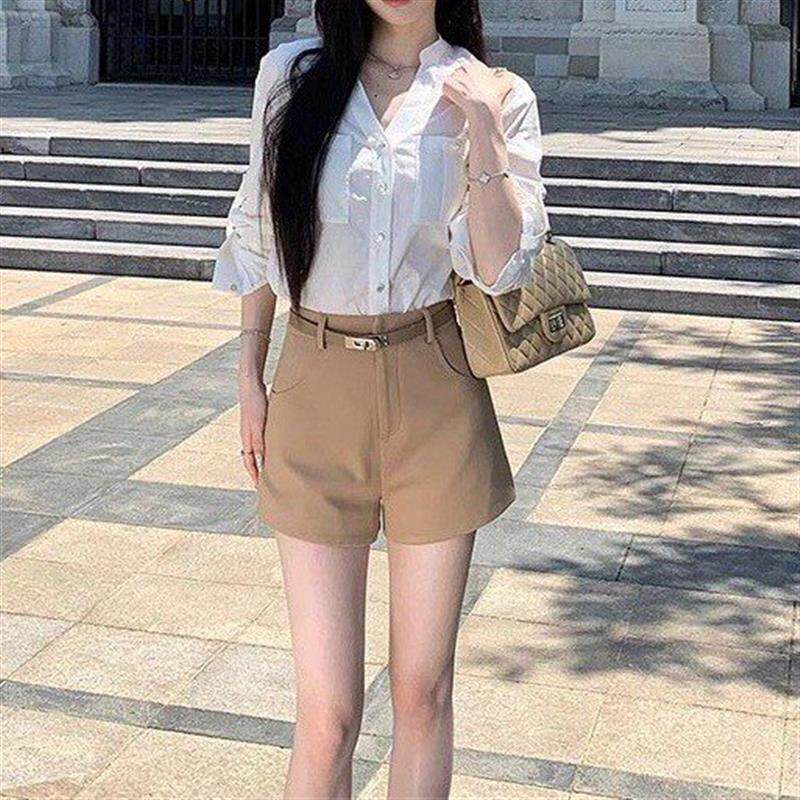 防晒衬衫女装套装2026年夏季时尚新款老钱风卡其色短裤白色衬衣