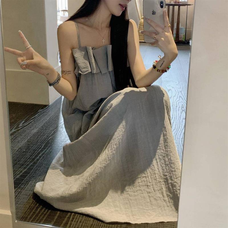 荷叶边灰色吊带背心女外穿清冷感宽松抹胸上衣夏季松弛感一整套装